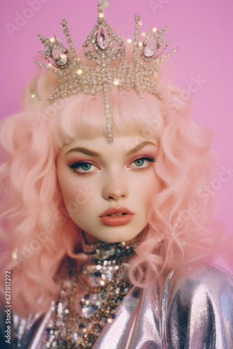 This beautiful portrait of a young girl with a long blonde mane, adorned in a fashionable pink outfit and crowning herself with a toy tiara, radiates elegance and innocence, invoking feelings of nost