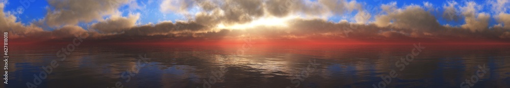 Stormy sky at sunset over the ocean, menacing seascape, 3d rendering