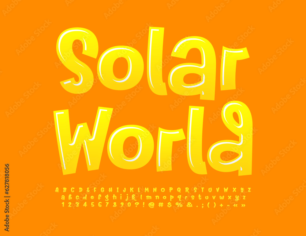 Vector playful emblem Solar World. Funny Yellow Alphabet Letters and Numbers. Glossy Handwritten Font Vector playful emblem Solar World. Funny Yellow Alphabet Letters and Numbers. Glossy Handwritten Font