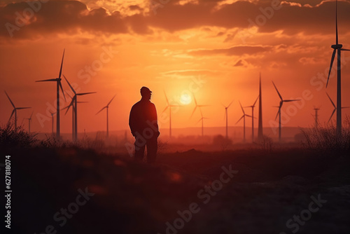 Silhouette of employee on the side of wind turbines