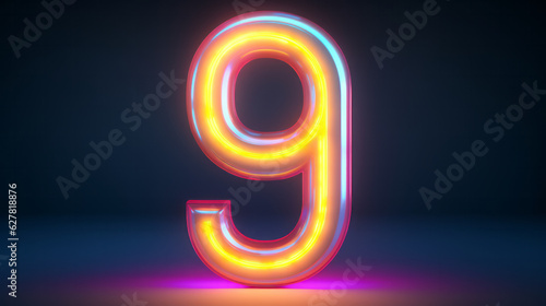 A glowing neon number nine on a black background