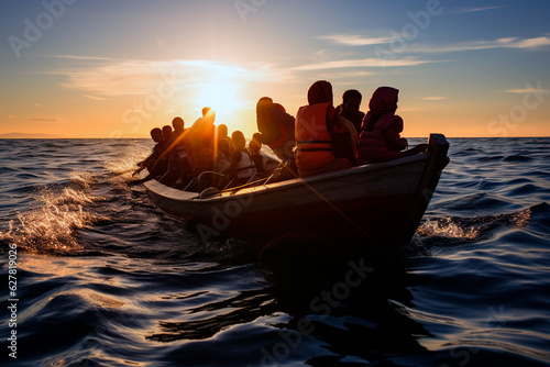 migrants on boat in Mediterranean sea warm summer heat Fototapet