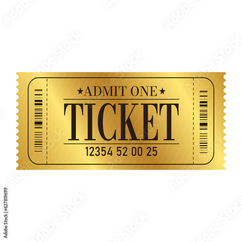 Vector golden ticket template. Cinema, theater,casino, concert, game, party, event, festival gold ticket.Invite ticket for casino club.Vector illustration.