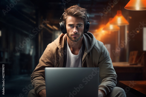 A man in headphones with a laptop. AI generative.