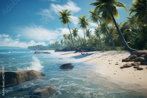 Photography of coastal landscapes with pristine beaches and coconut groves, Generative AI