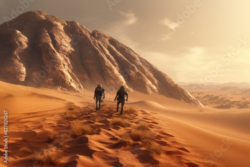 Photograph of people practicing adventure sports in desert landscapes  Generative AI