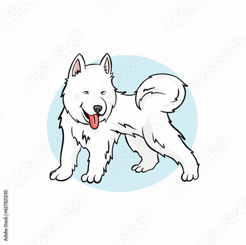 The character of cute samoyed puppy on the blue background and show belly look cute pose in flat vector style.