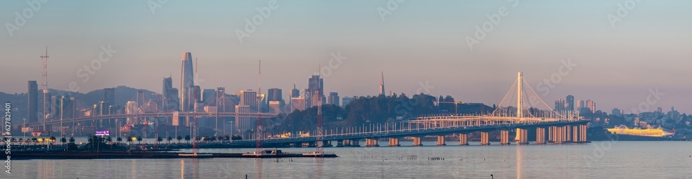 Panoramic skyline of San Francisco and Bay Bridge seen from Emeryville.