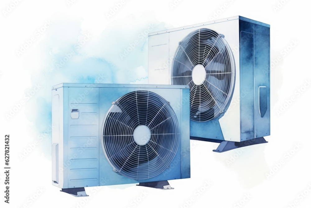 Blue Aquarelle Silhouette of a Heat Pump, Crafted with the Style of Digital Airbrushing, Emphasizing Energy Efficiency and Sustainable Heating and Cooling Blue Aquarelle Silhouette of a Heat Pump, Crafted with the Style of Digital Airbrushing, Emphasizing Energy Efficiency and Sustainable Heating and Cooling