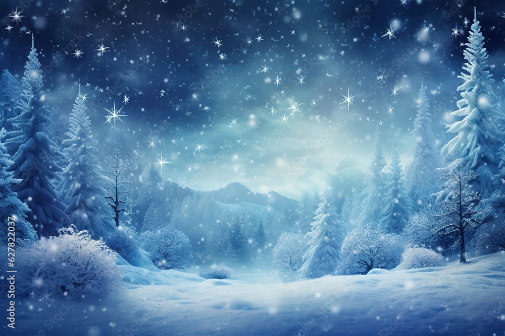magical dreamy winter forest, snowcovered Christmas trees, night, snowfall, shiny snowflakes