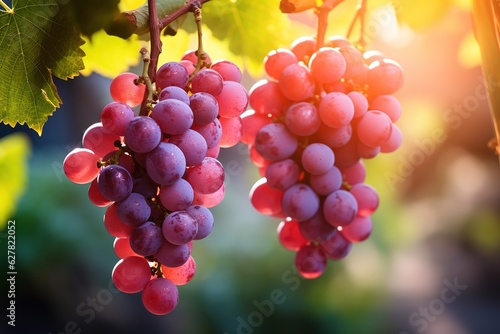 bunches of ripe purple grapes on a branch on a sunny day, blurred background