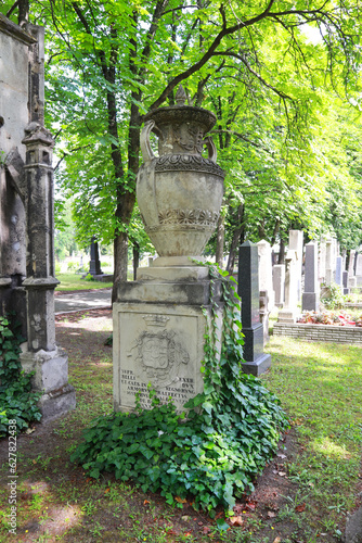 Ancient tombstone at the famous Kerepeshi Cemetery in Budapest, Hungary	
 photo