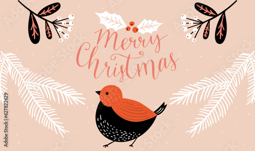 Christmas greeting card with bird, folk art illustration, traditional christmas decorations as fir branches and berries. Orange black greeting template with calligraphy inscription