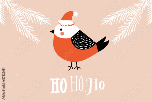 Christmas card with bird in santa hat and text hohoho. Hand drawn cite vector illustration for winter season holidays.
