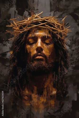 Dark Skin Jesus Christ Saviour Praying Eyes Closed Portrait, Abstract Textured Painting