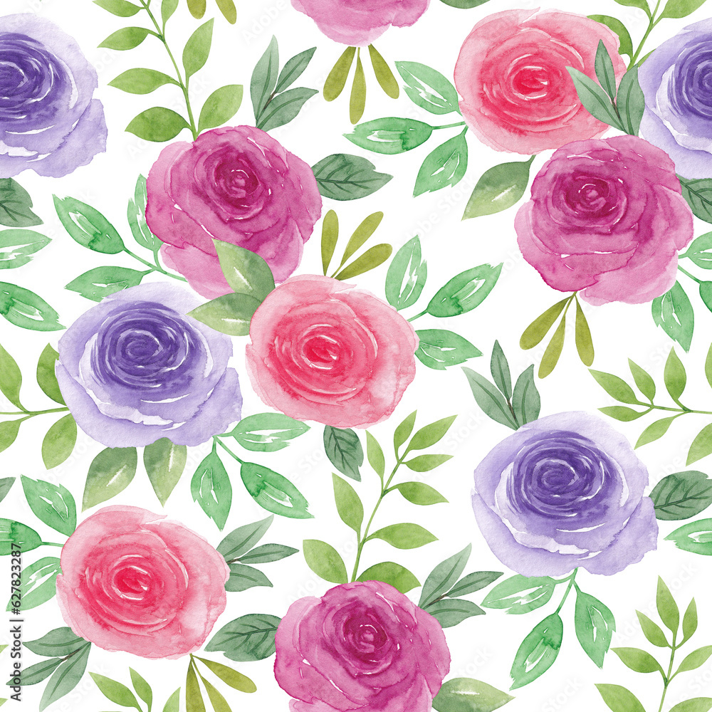 Seamless watercolor floral pattern -  flowers elements, green leaves branches; for wrappers, wallpapers, postcards, greeting cards, wedding invites, romantic events.
