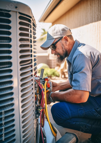 Technician working on air conditioning outdoor unit on hot sunny day. HVAC worker professional occupation. Generative AI
