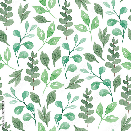 Seamless watercolor floral pattern - green leaves and branches composition on white background, perfect for wrappers, wallpapers, postcards, greeting cards, wedding invitations, romantic events.
