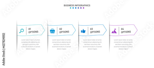 Timeline infographic with infochart. Modern presentation template with 4 spets for business process. Website template on white background for concept modern design. Horizontal layout.