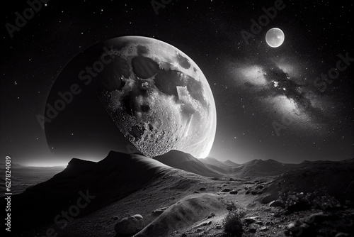 moon, moon and stars, black and white photography, generated by ai