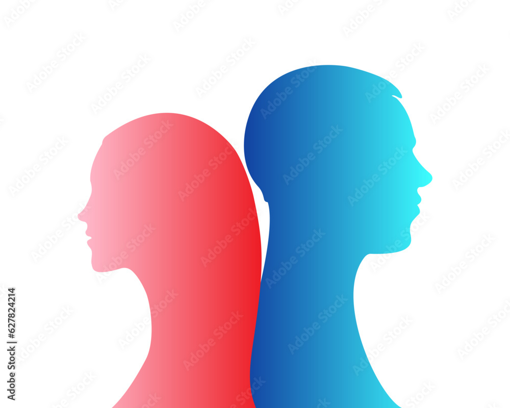 Silhouettes profile male and profile female in pink and blue. Couple family. 