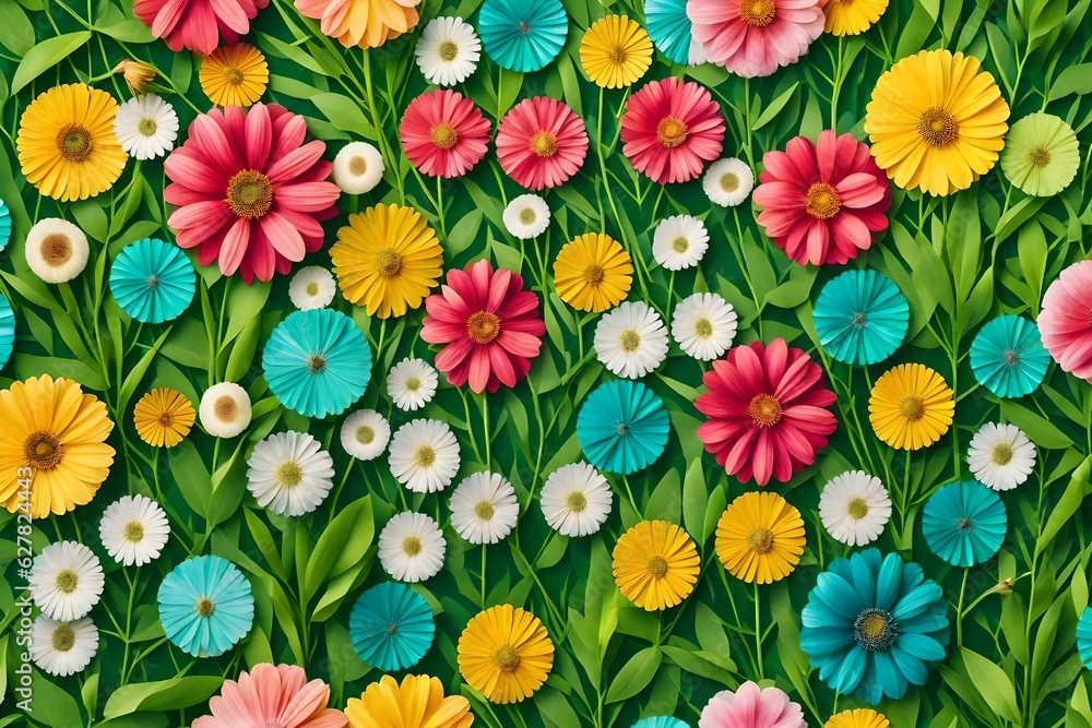 Colorful flowers background on green leaves