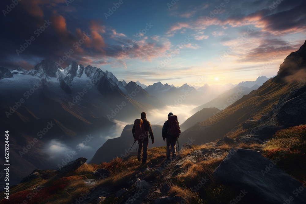 Photography of people hiking in mountains with stunning views at dawn, Generative AI