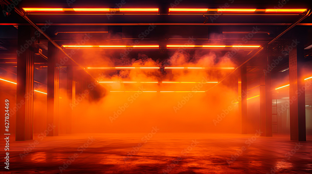 Empty illuminated underground parking lot with orange smoke and tube lights	
