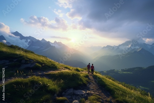Photography of people hiking in mountains with stunning views at dawn, Generative AI © Nino45
