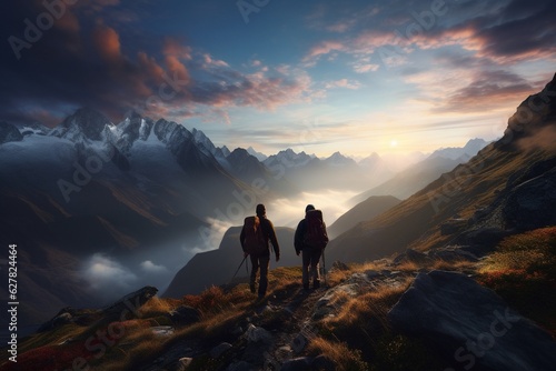 Photography of people hiking in mountains with stunning views at dawn, Generative AI © Nino45