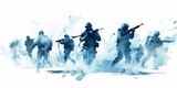 Blue Aquarelle Silhouettes of Soldiers Fighting in Action, Created with the Style of Digital Airbrushing, Depicting the Bravery and Courage on the Battlefield