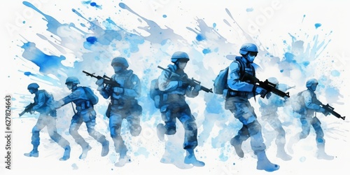 Blue Aquarelle Silhouettes of Soldiers Fighting in Action  Created with the Style of Digital Airbrushing  Depicting the Bravery and Courage on the Battlefield