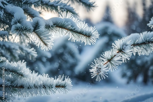 Snow covered pine tree branches with green fir.
