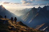 Photography of people hiking in mountains with stunning views at dawn, Generative AI