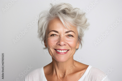 Portrait of Smiling confident stylish mature middle aged woman standing at home office. Old senior businesswoman, 60s gray-haired lady executive business leader manager looking at camera . High