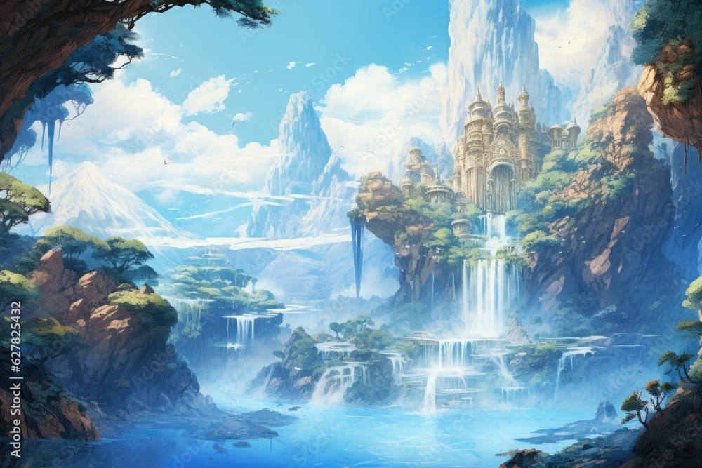 Fantasy landscape with waterfall and fairy tale castle. Digital painting. a reimagined ancient sea waterfall in this illustration, sky-blue and brown, environmental portraiture, AI Generated