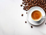 cup of a coffee with coffee beans, white background, copy space