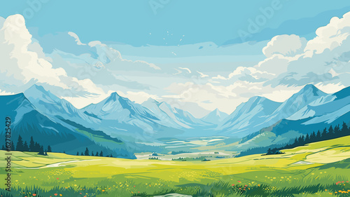 AI generated. Vector illustration. View of an alpine landscape. Simple vector illustration, with meadows and alpine mountains in the background