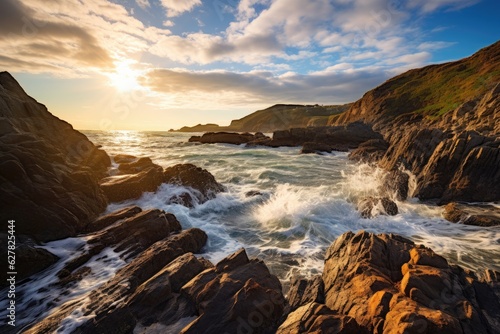 Sunset over the Atlantic Ocean in Cornwall, England, United Kingdom, A Rocky Beach landscape view with rough sea waves and beautiful sky, AI Generated