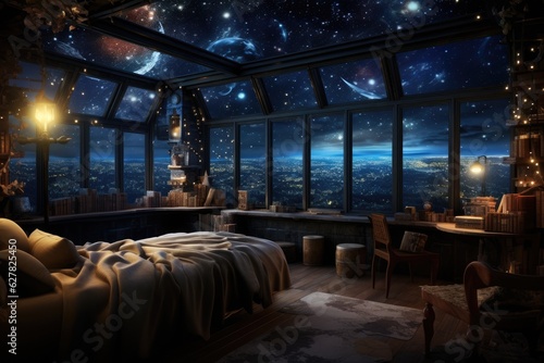 Interior of a room with a large window overlooking the night city. A room in an apartment can see the sky full of stars, AI Generated