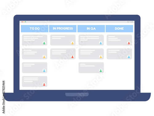 Kanban board on notebook screen. Kanban office tasks, project process sticky note and planning notes. Cards with tasks on whiteboard, teamwork.To do, in progress, in qa, done stages. Sprint planning. 