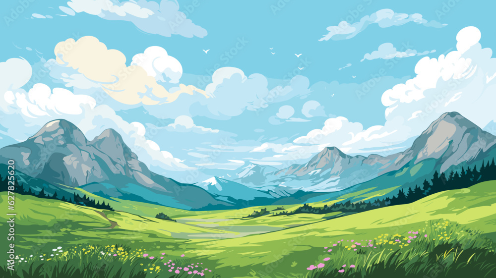 Obraz premium AI generated. Vector illustration. View of an alpine landscape. Simple vector illustration, with meadows and alpine mountains in the background