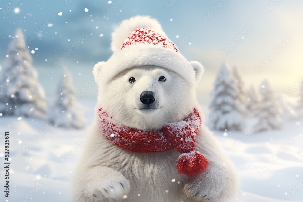Cute little polar bear dressed as a santa claus on a winter landscape background Cute little polar bear dressed as a santa claus on a winter landscape background