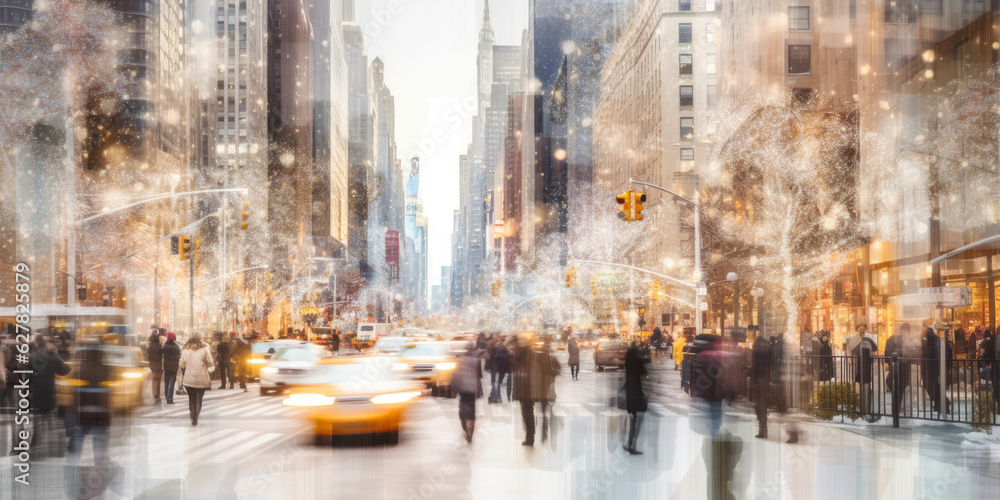 White modern blurred Christmas NY city street. Generative AI White modern blurred Christmas NY city street. Generative AI