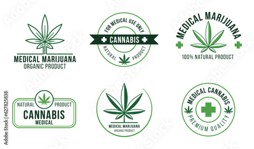 Cannabis label. Medical marijuana therapy, legal hemp plant and drug plants. Natural treatment or organic medical product