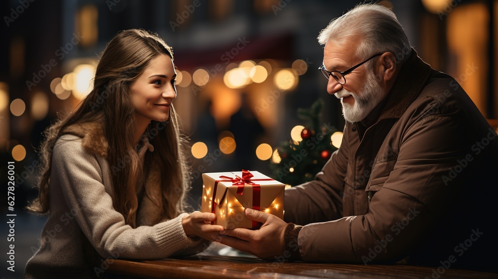 Old father gives a christmas present to his daughter. Father care for daughter. Generative AI Old father gives a christmas present to his daughter. Father care for daughter. Generative AI