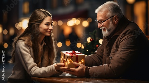 Old father gives a christmas present to his daughter. Father care for daughter. Generative AI