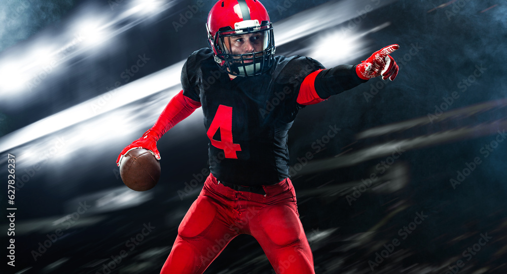 American football player on stadium in action. Collage, poster. Design for flyer ad. Mockup for betting advertisement. Sports betting, football betting, gambling, bookmaker, big win