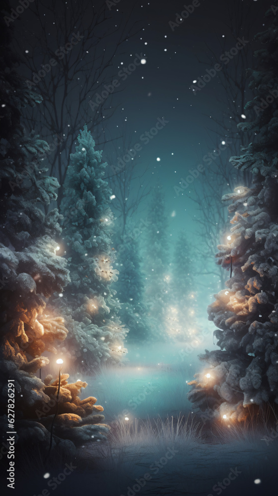 Fototapeta premium Forest with christmas trees and glowing lights