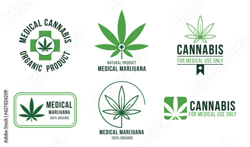 Cannabis label for medical use. Legal marijuana treatment, painkiller medication for illnesses. Organic green leaves